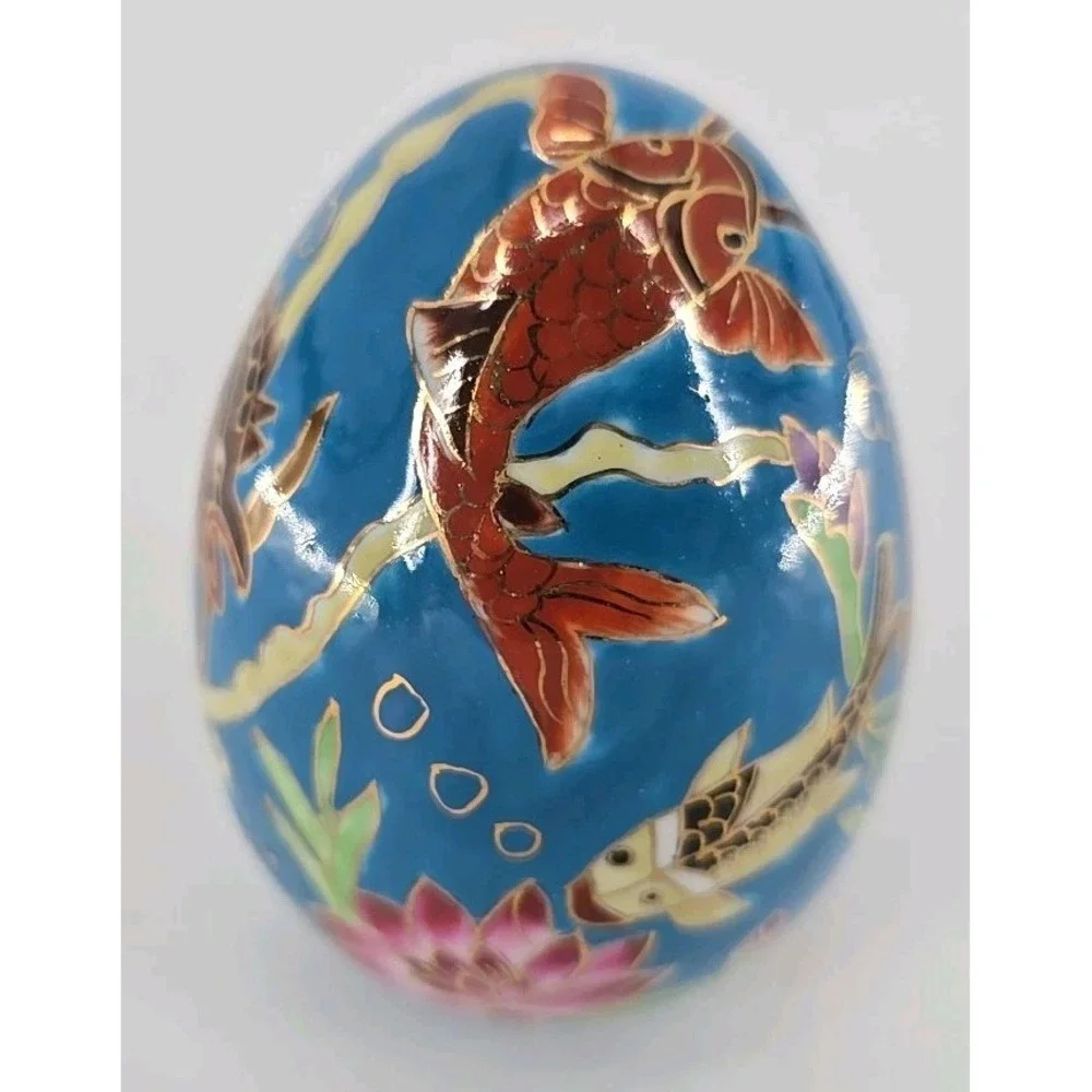 Ceramic Emu Egg- Koi Fish in Pond Graphic- Unique - 7 Oz‎ Enamel Ceramic Egg